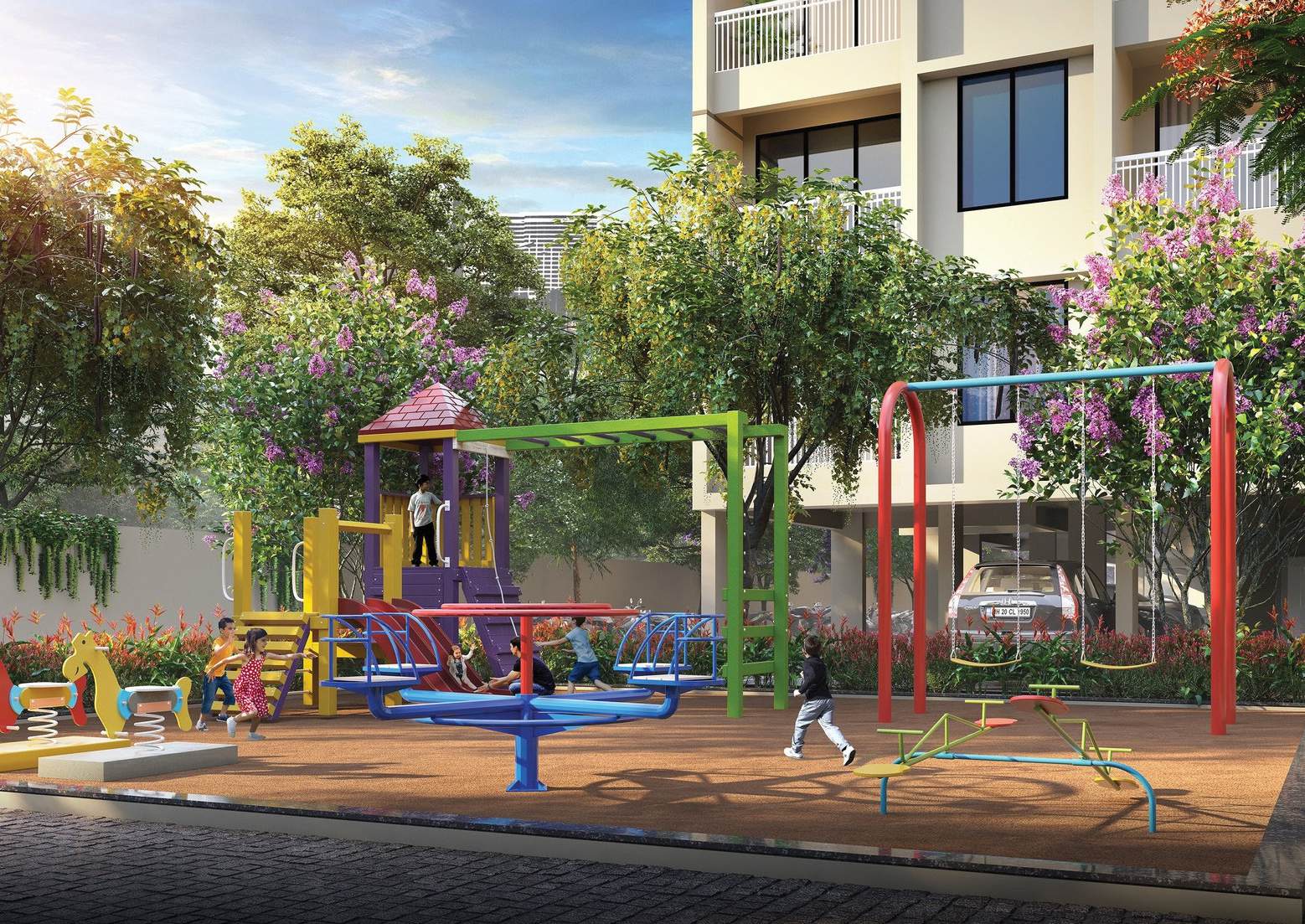 Kids play zone with swings and slides